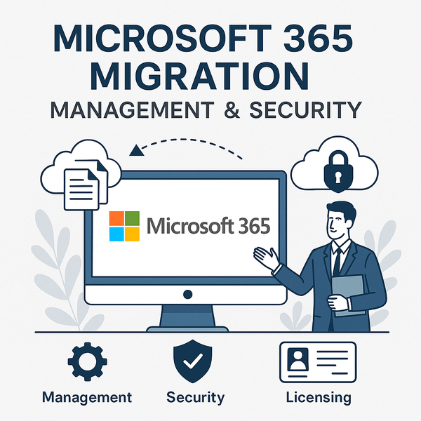 Illustration showing Microsoft 365 migration with cloud file transfer, security lock, and management icons representing a full-service migration process