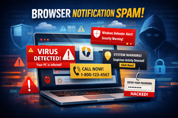 Example of a browser notification spammer using fake Microsoft Defender alerts to mislead users